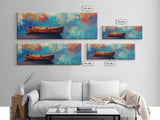 Colorful Boat Painting, coastal landscape art, nautical decor, seascape painting, vibrant wall art, framed canvas print, extra wide art