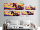 Sunset Horse Painting, southwest wall art, mountain painting, rustic western decor, cowboy wall art, framed canvas print, extra wide art