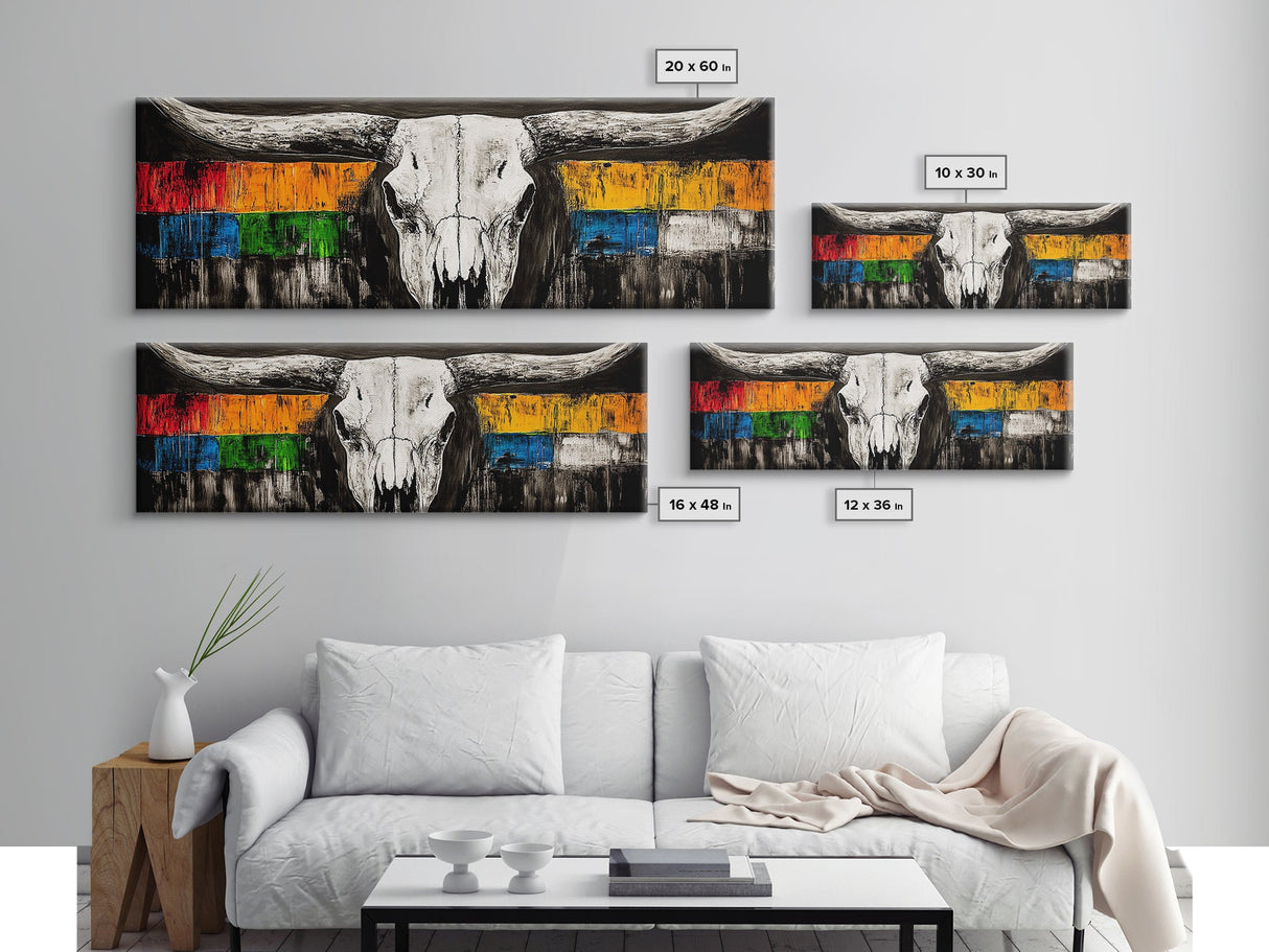 Western Skull, rustic wall art, skull art, farmhouse art, extra wide art, southwest wall art, bull and bear art, canvas print