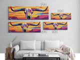 Longhorn Skull, southwest wall art, bull and bear art, pink orange wall art, extra wide art, Framed Canvas Print, rustic decor