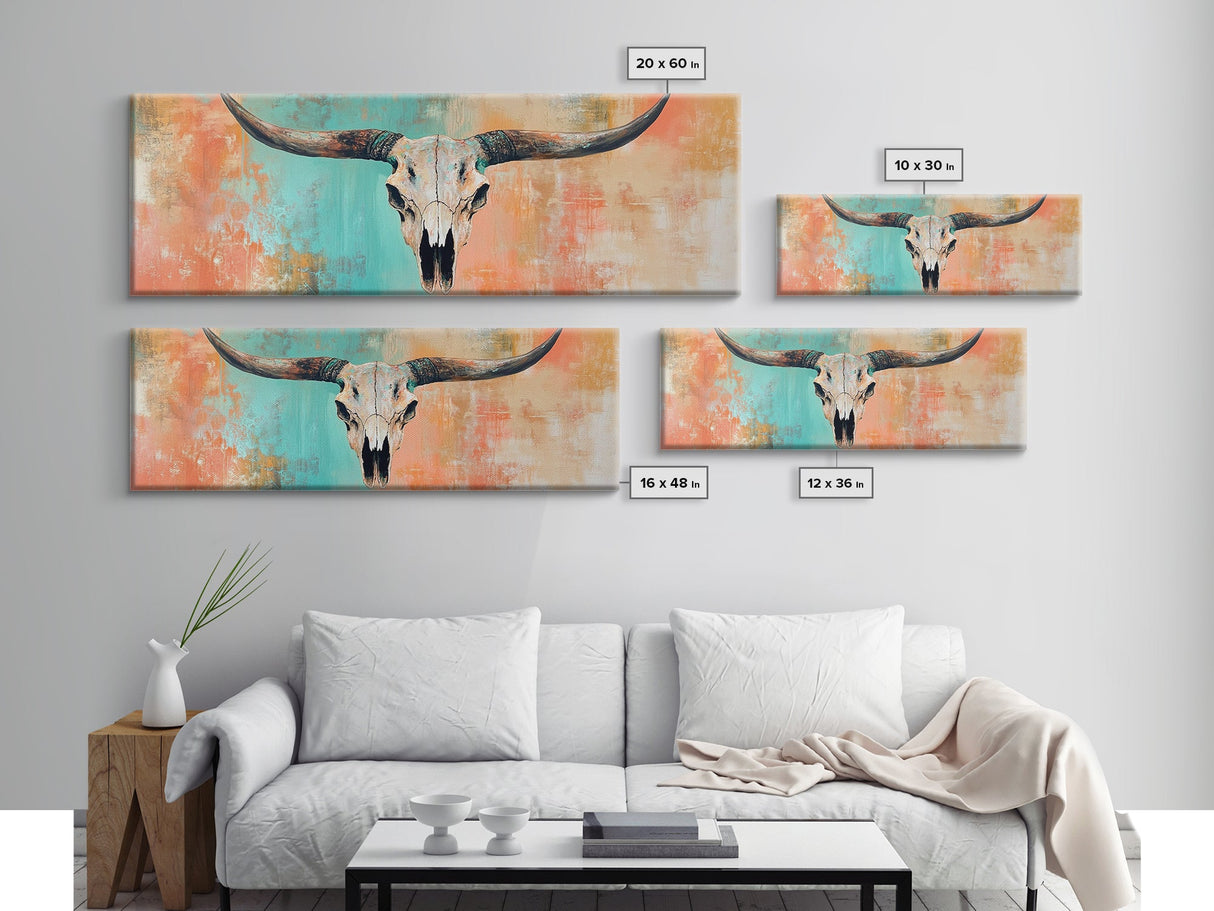 Rustic Skull, vintage horse art, southwest wall art, skull art, panoramic painting, rustic wall art, boho art, Canvas Print, farmhouse art