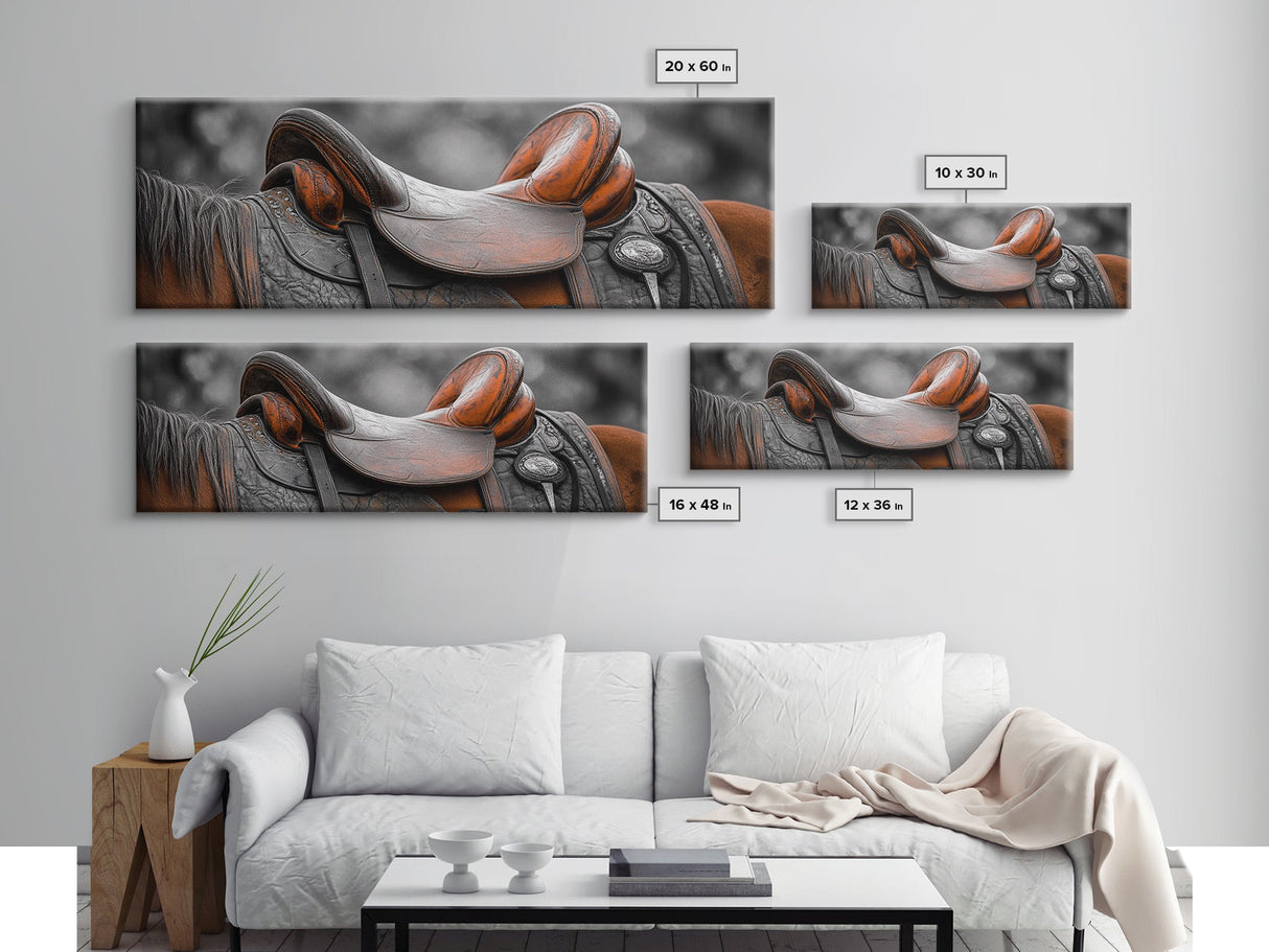 Leather Saddle, Vintage Horse Art, Rustic Wall Art, Horse Wall Art, Southwest Wall Art, Extra Wide Art, Framed Canvas Print, Boho Art