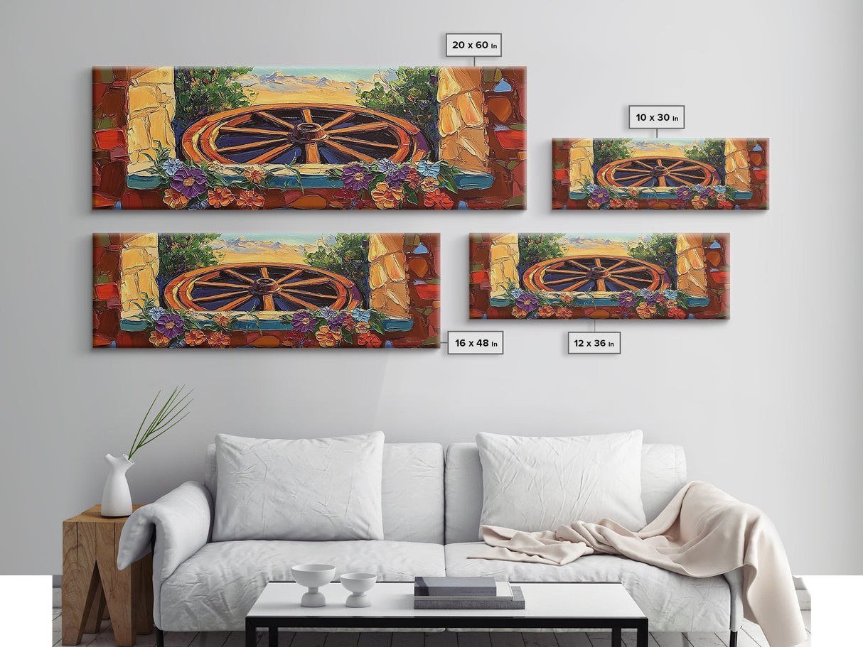 Rustic Wagon Wheel, farmhouse art, southwest wall art, wildflower painting, boho art, extra wide art, framed canvas print, landscape painting