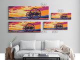 Sunset Wagon Wheel, pink orange wall art, bold color art, boho art, panoramic painting, extra wide art, framed canvas print, landscape painting