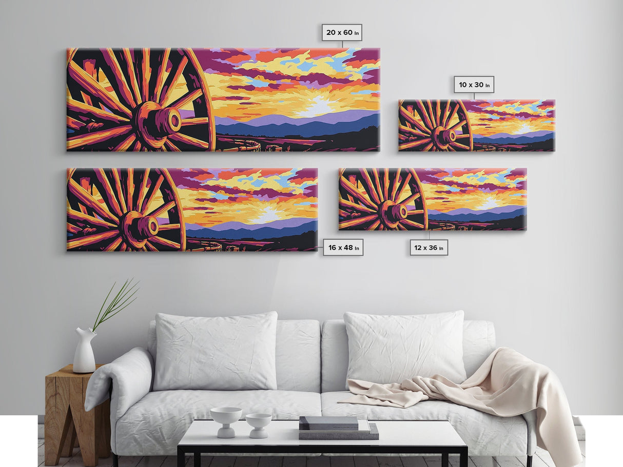 Vibrant Wagon Sunset, pink abstract art, poppy wall art, boho art, panoramic painting, extra wide art, framed canvas print, vintage wall art