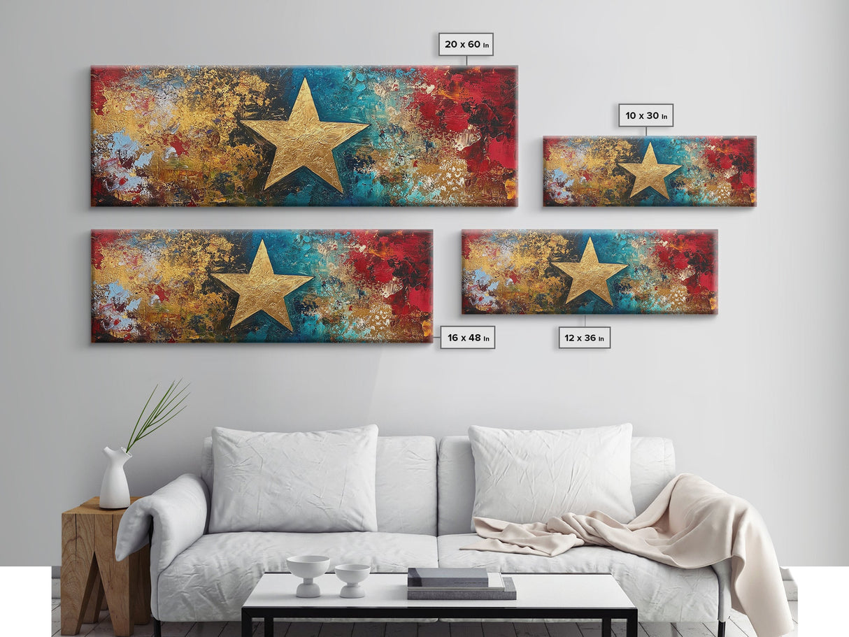 Golden Star, abstract art, bold colors, textured wall art, framed canvas print, mosaic wall art, extra wide art, above couch art