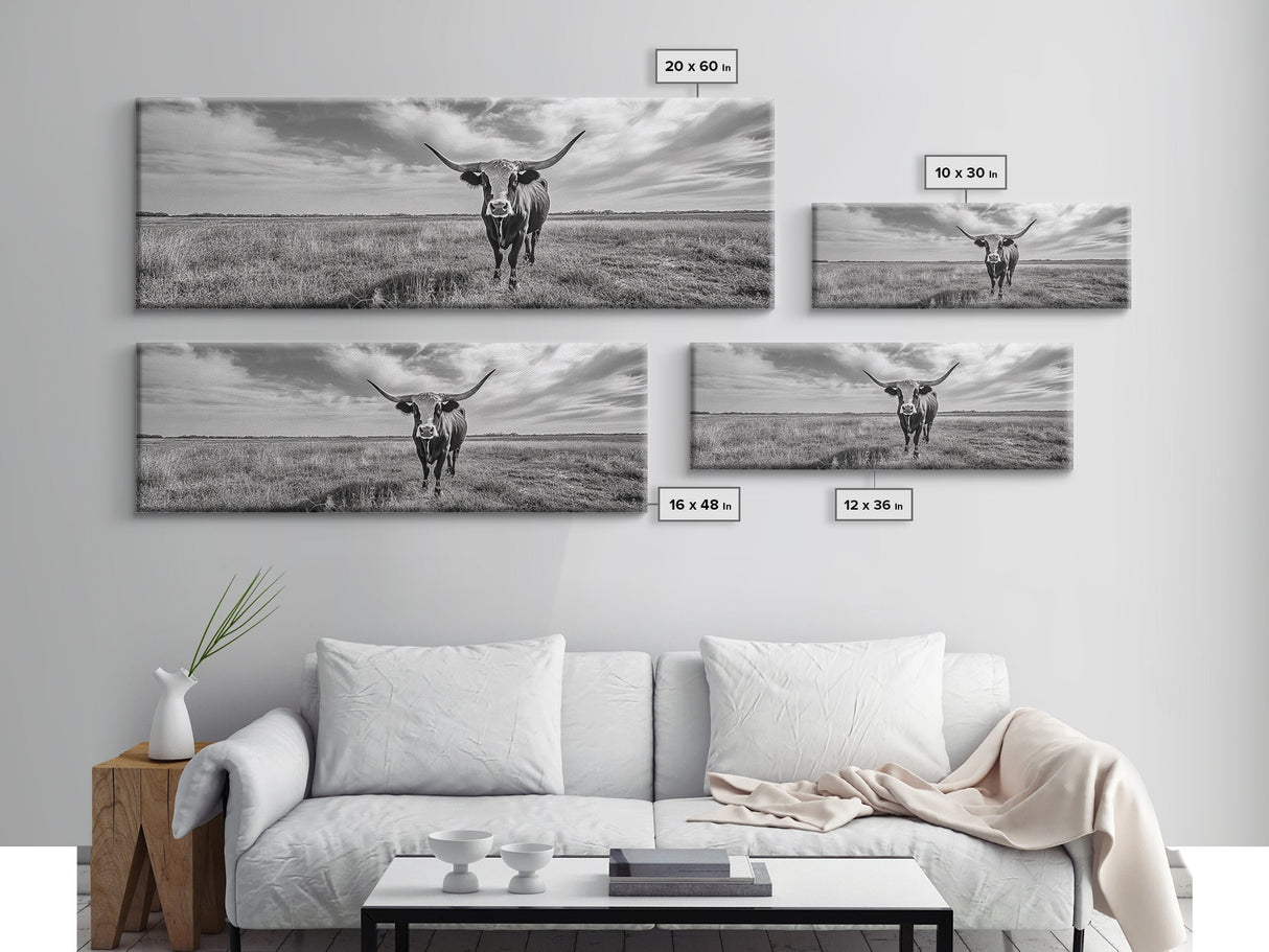 Texas Longhorn, Rustic Wall Art, Canvas Print, Farmhouse Art, Western Decor, Above Bed Art, Extra Wide Art, Moody Black And White Art