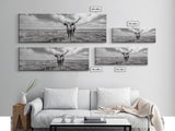 Texas Longhorn, Rustic Wall Art, Canvas Print, Farmhouse Art, Western Decor, Above Bed Art, Extra Wide Art, Moody Black And White Art