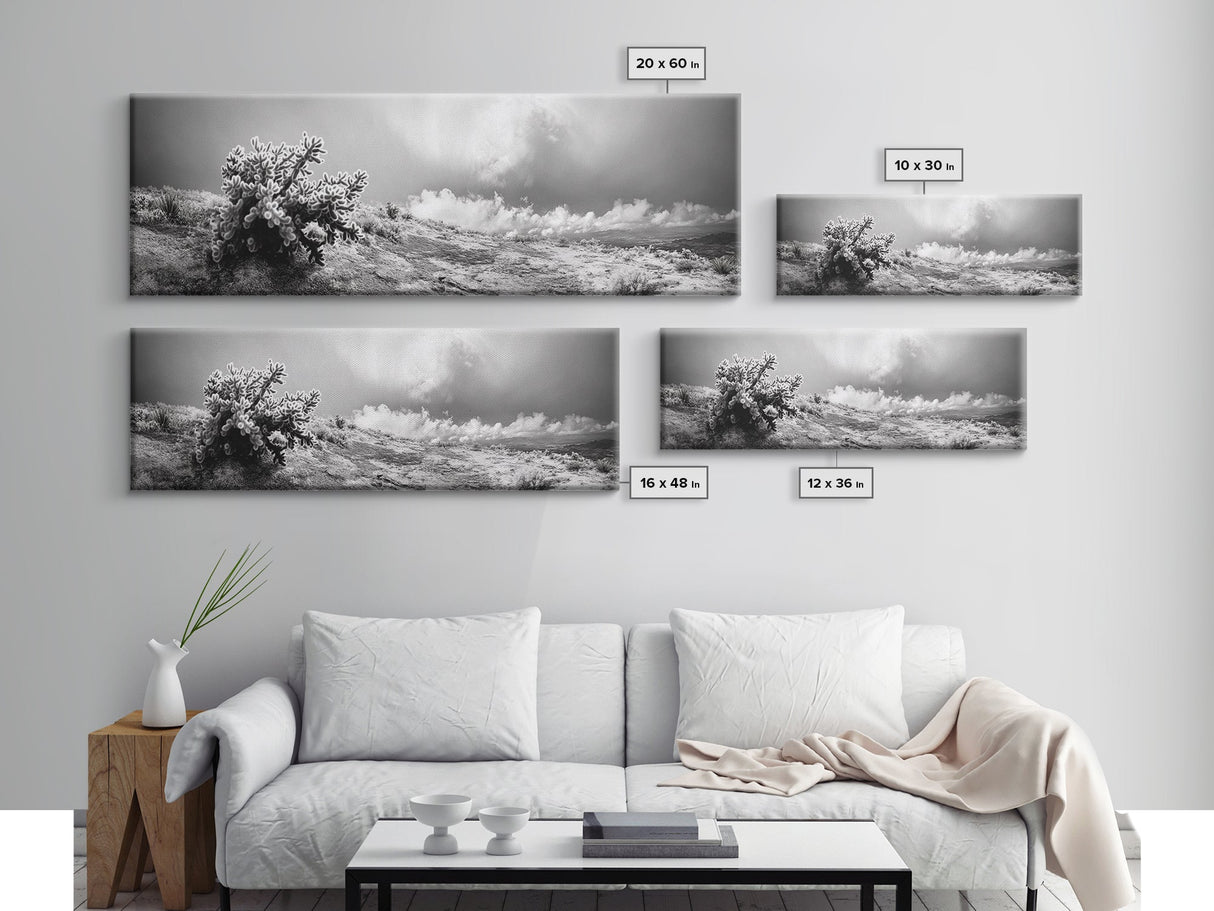 Desert Cactus, Southwest Wall Art, Canvas Print, Joshua Tree Art, Rustic Decor, Extra Wide Art, Moody Black And White Art, Above Sofa Art