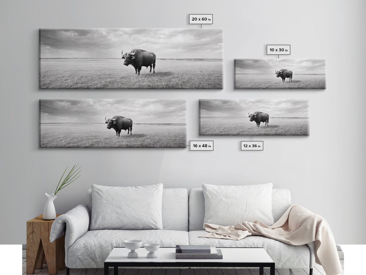 Lone buffalo, western landscape, rustic wall art, panoramic art, extra wide art, farmhouse decor, framed canvas print, wildlife painting, bull and bear art