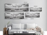 Longhorn Skull, skull art, western wall art, rustic decor, moody art, desert painting, farmhouse art, panoramic art, framed canvas print