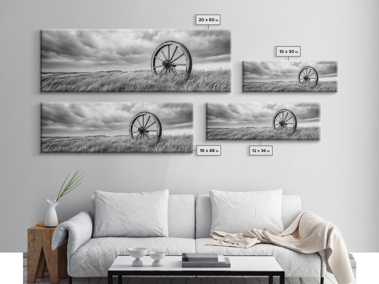 Wagon Wheel, rustic decor, farmhouse art, extra wide art, panoramic painting, country decor, cowboy art, framed canvas print, moody art