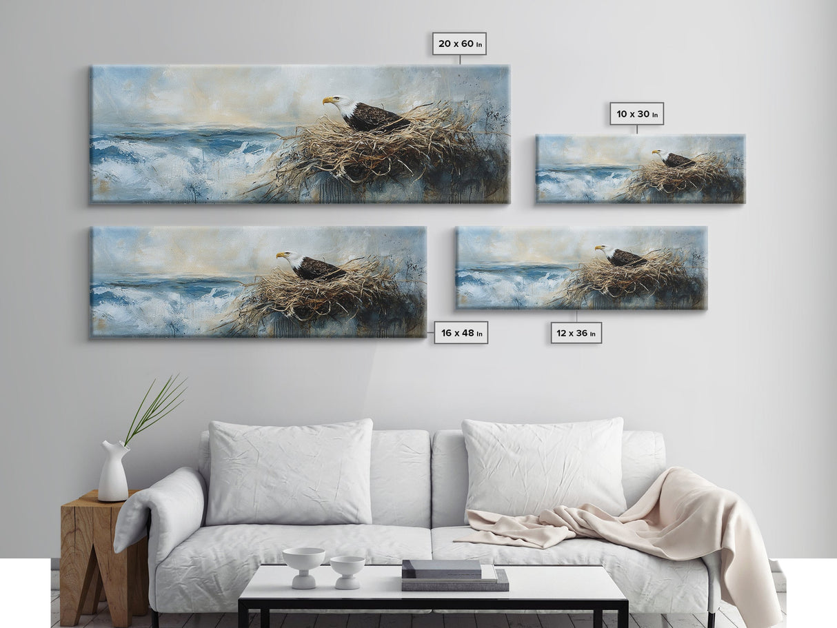 Eagle Nest, bird art, wildlife painting, coastal wall art, seascape painting, moody art, extra wide art, framed canvas print, above sofa art