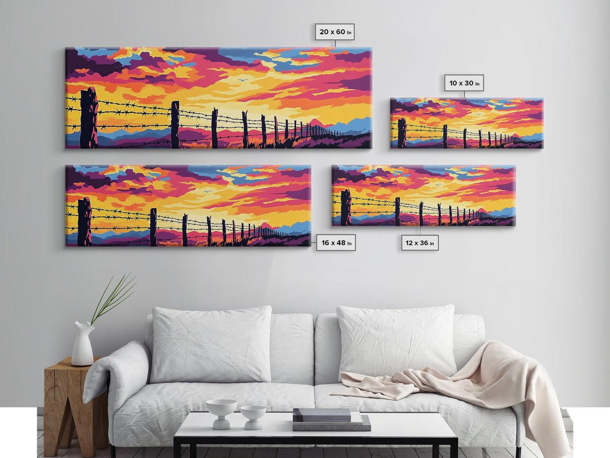 Barbed Wire Fence, southwest wall art, rustic decor, cowboy painting, panoramic art, long narrow wall art, framed canvas print, farmhouse art