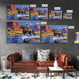 Crossing The Colorado River, Framed Canvas Print, Kitsch Western Wall Art, Colorful Western Painting Original Artwork, Pop Art Painting