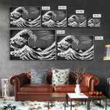 Black and White Wave Canvas Print, Hokusai Inspired Wall Art, Woodblock Print Style, Wall Art, Vintage Style Wall Art