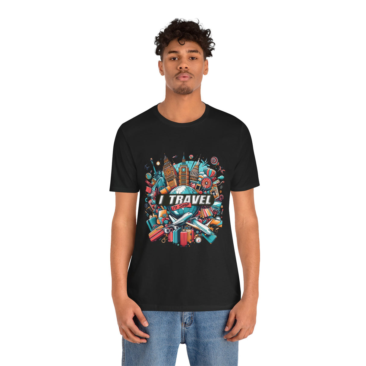 Camiseta a todo color "Viajo Para Comprar" 