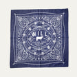 Will's Bandana in navy blue paisley print, laid flat showing the center WILL Leather Goods cattle-brand logo, on a white background.