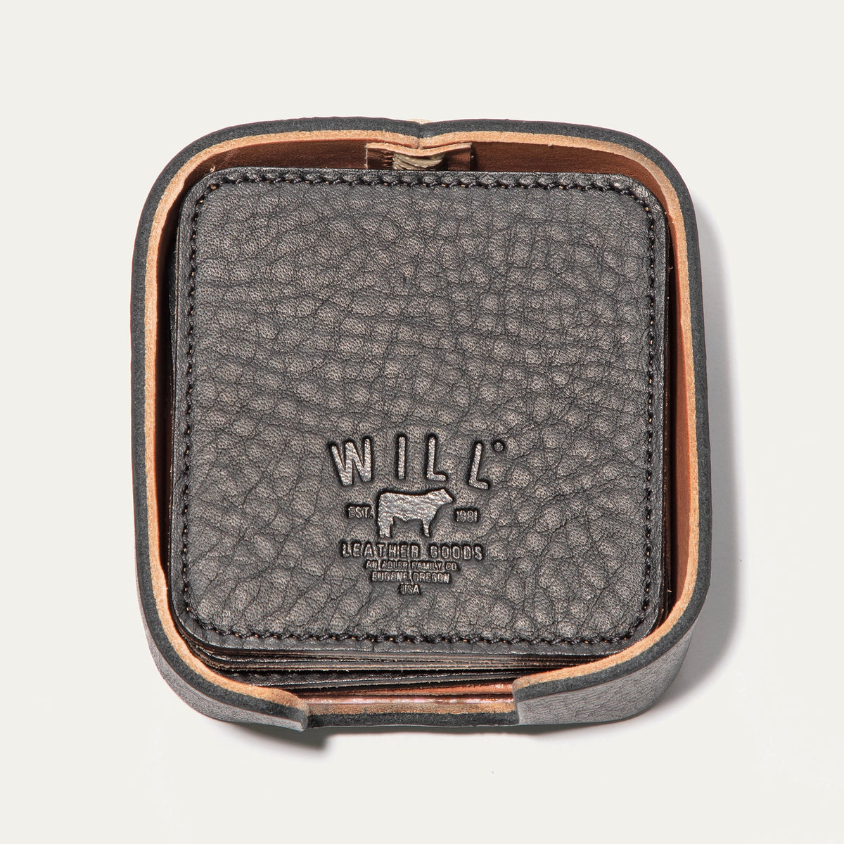 Open round leather holder for the Set of Eight Coasters in black pebbled leather, showing the embossed WILL logo, on a white background.
