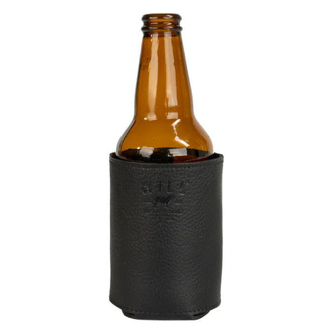 Black leather bottle holder shown with a glass beer bottle inserted, demonstrating the koozie's dual can/bottle fit, on a white background.