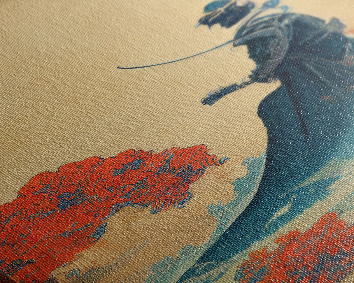 Red And Blue Japanese Samurai Warrior Wall Poster, Fine Art Print