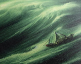 Sailboat in a hurricane, watercolor painting, framed canvas print, sailing in the eye of the storm