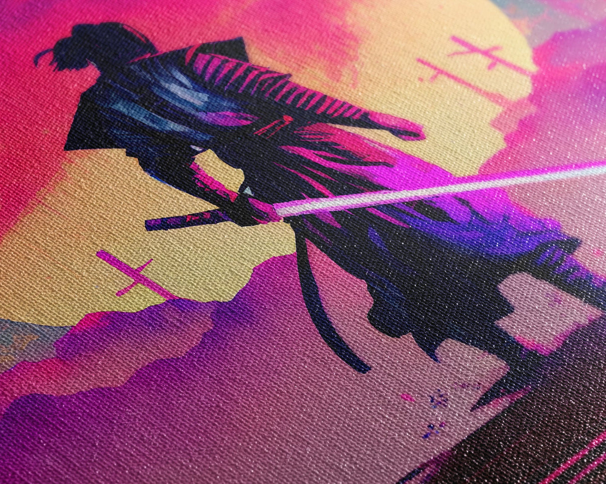 Synthwave Samurai, Cyberpunk Samurai Art, Framed Canvas Print, Ready To Hang Framed Wall Art