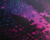 Synthwave Starry Night Time Lapse in a pine tree forest, framed canvas print, timelapse art