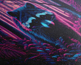 Cute racoon in the forest, vaporwave aesthetic animal art, framed canvas print, colorful animal art
