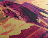 Retrowave watercolor painting of an African Lion, framed canvas print, unique large format wall art