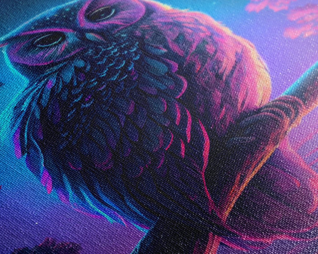 Retro Style Owl Art, Framed Canvas Print, outrun style owl at midnight under a starry sky