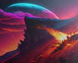 Campfire under a Full Moon, Framed canvas print, retro synthwave / outrun style primitive home decor