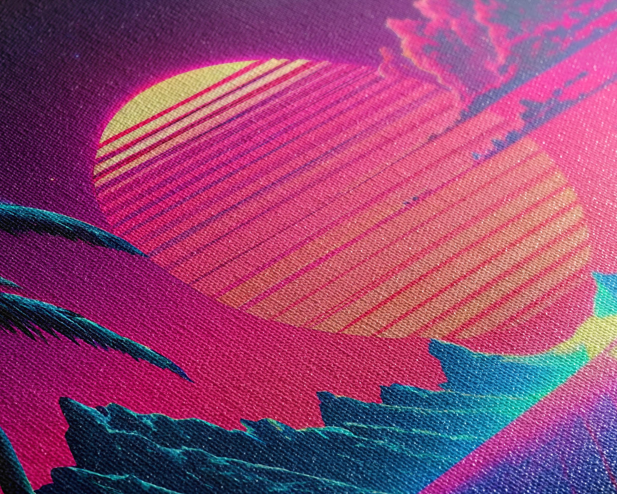 Retro Outrun Style Palm Trees and Sunset, Framed Canvas Print, Wireframe lake and mountain vista