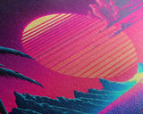 Retro Outrun Style Palm Trees and Sunset, Framed Canvas Print, Wireframe lake and mountain vista