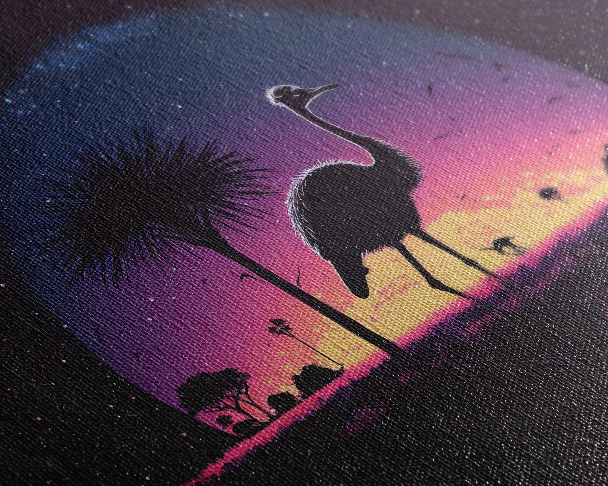 Emu Art | Framed Canvas Print | Synthwave Style Framed Wall Art | Animal Prints | Emu Walks Under A Full Moon | Kid's Room Decor