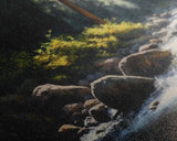A Rocky Stream, Watercolor Art, Serene nature landscape art, framed canvas print, mouth of the river in the morning light wall art