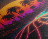 Neon Wireframe Road at Sunset, Outrun / Synthwave Palm Tree Art, 80s Retro Inspired Art, Framed Canvas Print