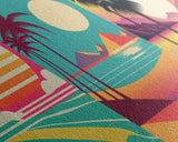 Beautiful Turquoise Retro Style Beach Art, Triptych 3 Panel Framed Canvas Prints, Palm Trees and Sunset, 80s Vibes Vaporwave Art Deco Mashup