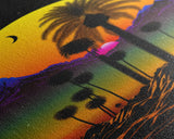 Pop Art Framed Canvas Print of Desert Landscape at Sunset, Outrun Style Sunset Full Moon Art, Unique 80s Vibe Retro Art