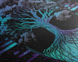 Norse Mythology Art, Synthwave Style Yggdrasil Tree of Life and the 9 Realms, Fantasy Art, Framed Canvas Print, Game Room Nordic Art