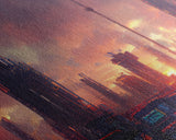 Watercolor of a cyberpunk city, canvas print, dystopian urban landscape at sunset, synthwave style