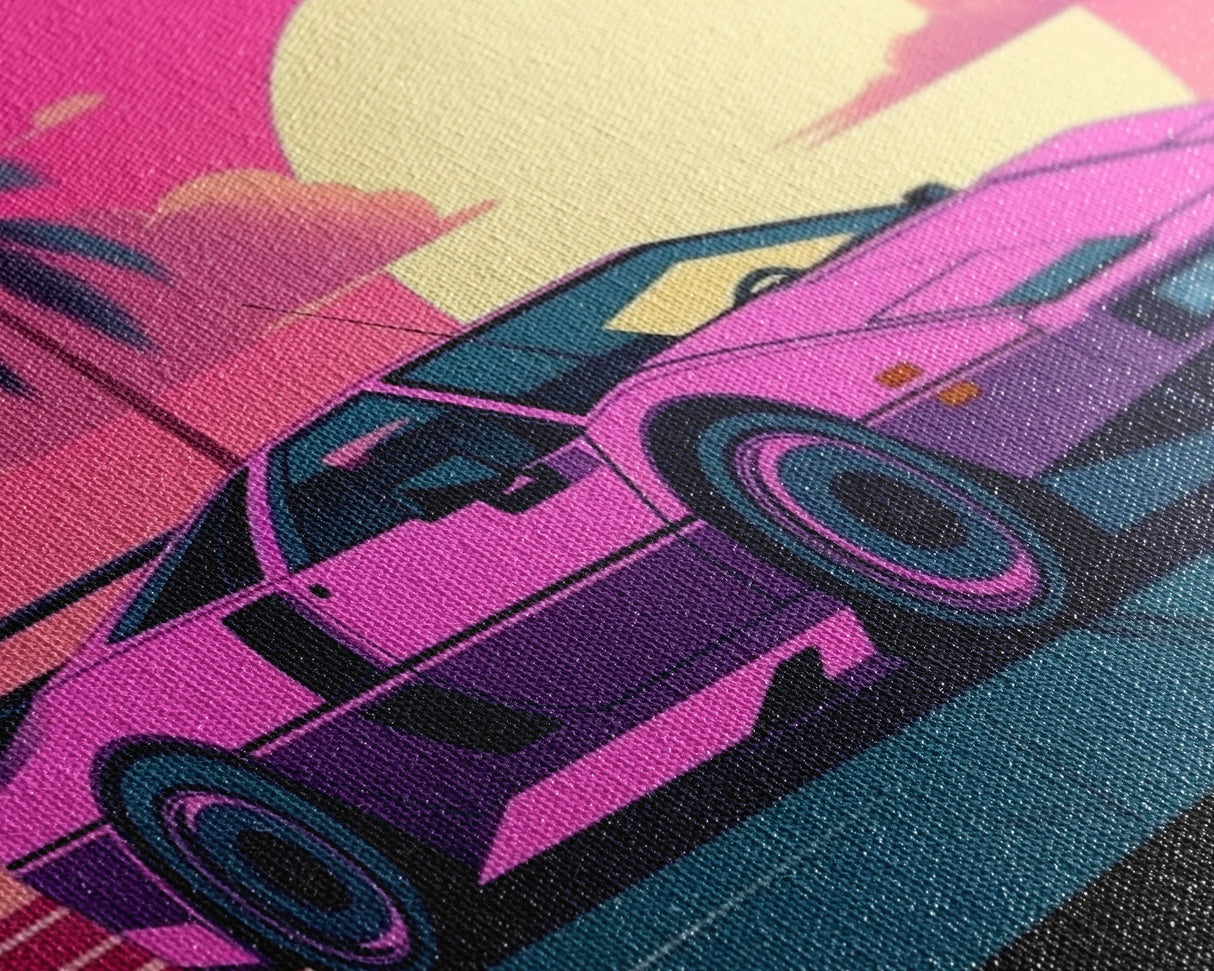 Classic sport car Wall Art, Framed Canvas Print, Guest room art, Beautiful sunset, Synthwave Style, Pink Colors, Pop Art Style, Tropical art
