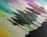 Large Abstract Art Print, Colorful Watercolor Sky, Silhouette Trees, Tie Die Sky, Framed Canvas Print, Panoramic, Wall Art, Canvas Print