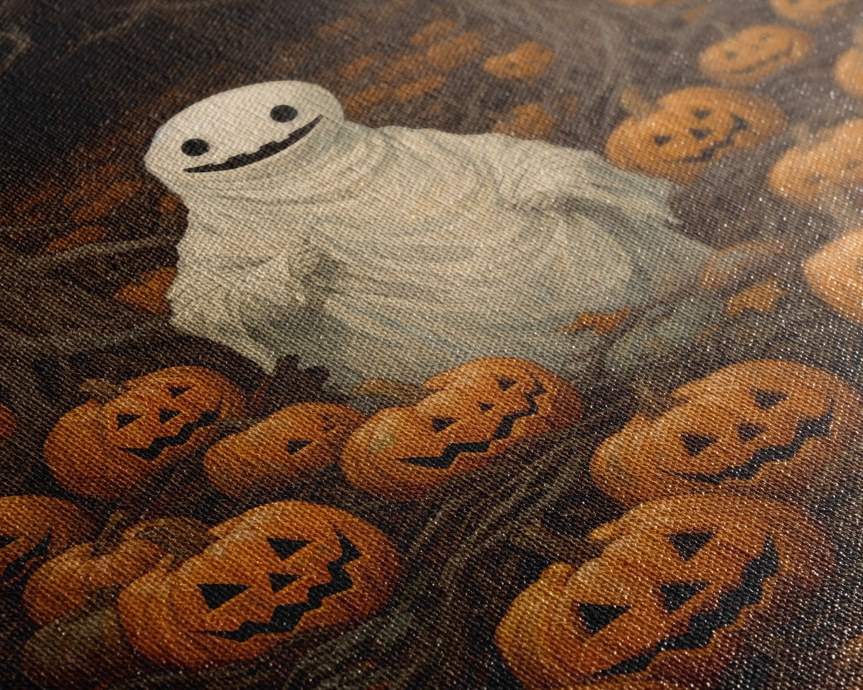Fall Omens - Spooky Ghost In A Pumpkin Patch, Halloween Decor, Fall Art, Framed Canvas Print, Spooky Halloween Decor