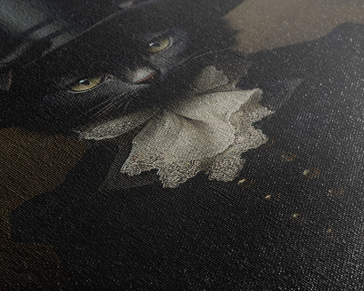 Cute Renaissance Cat, Black Cat Print, Goth Home Decor, Art Canvas Print, Dark Academia, Gothic Victorian, Halloween Decor, Witch Familiar