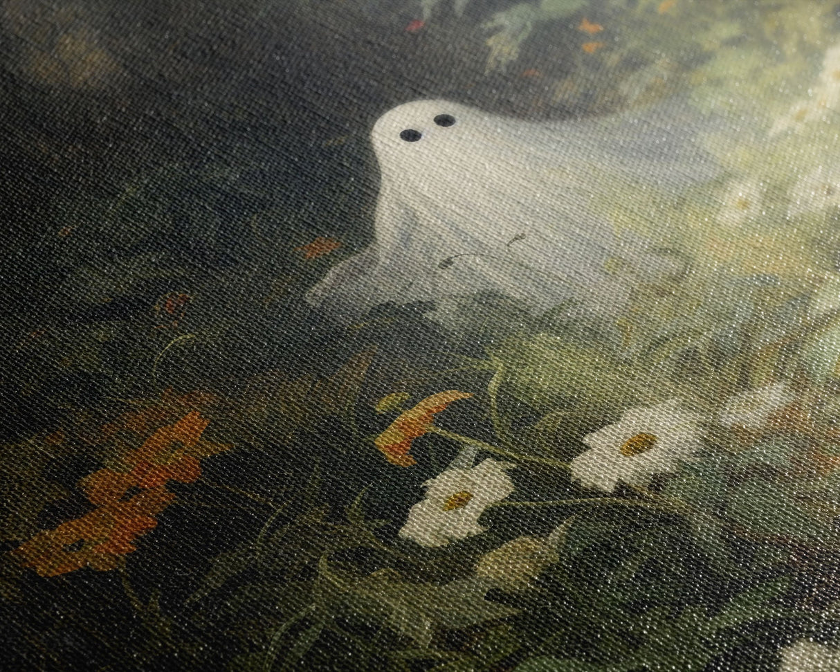 The Ghost Amongst The Flowers, Halloween Canvas Print, Framed Canvas Art, Halloween Decor, Dark Academia, Horror Prints, Oil Painting