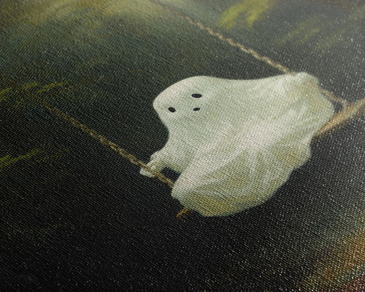 Cute Little Boo Playground Ghost, Funny Halloween, Vintage Halloween Canvas, Framed Canvas Print, Cute Wall Art, Ghost On A Swing, Macabre