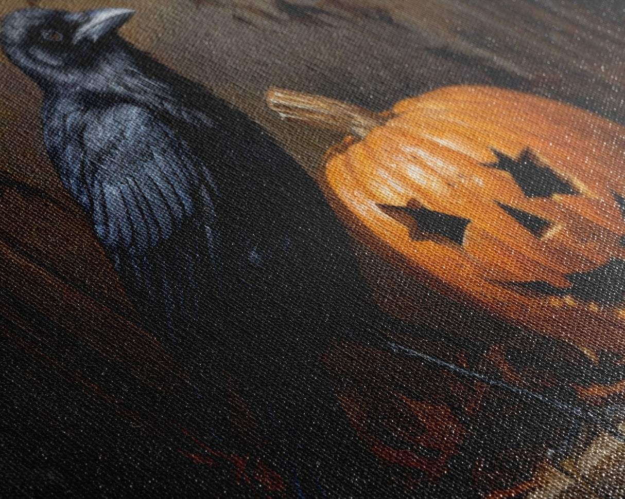 Spooky Crow Print, The Raven and The Jack O Lantern, Halloween Wall Art, Victorian Oil Painting, Dark Academia, Goth Art