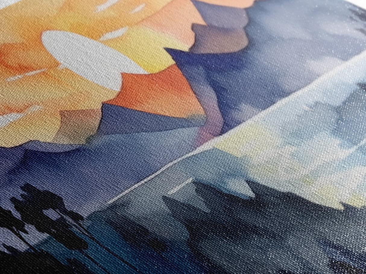 Midcentury Modern Watercolor Painting of a Mountain Sunset, Large Canvas Print, Mountain Artwork, Guest Room Art, Mountain Print, Panoramic