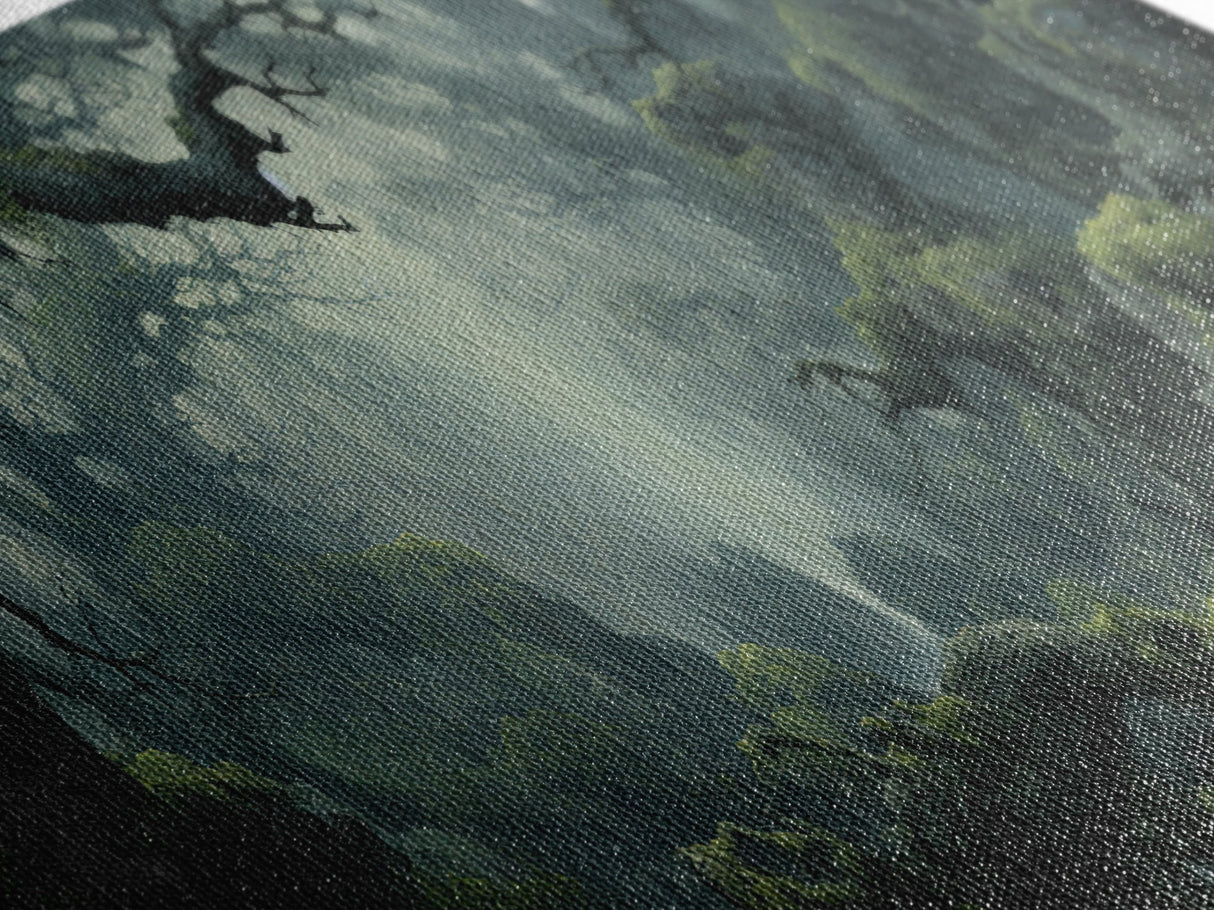 In The Forest - Ready To Hang Panoramic Foggy Pine Forest Canvas Wall Art, Nature Wall Art, Misty Green Forest Print, Modern Home Decor